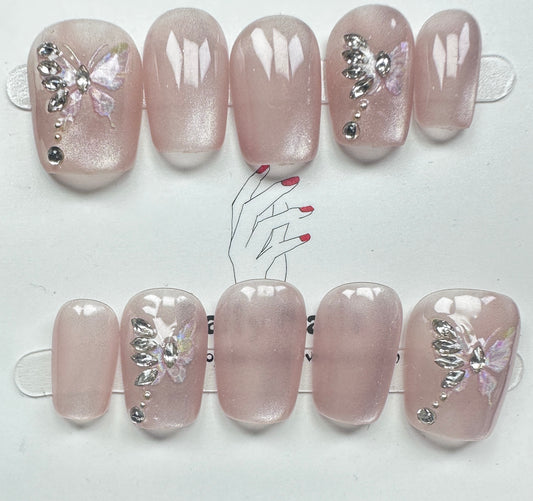 Luxury Pink Cat-Eye & Crystal Butterfly Press on Nails Australia | Short Square | Daily Nails | Handmade Press on Nails |