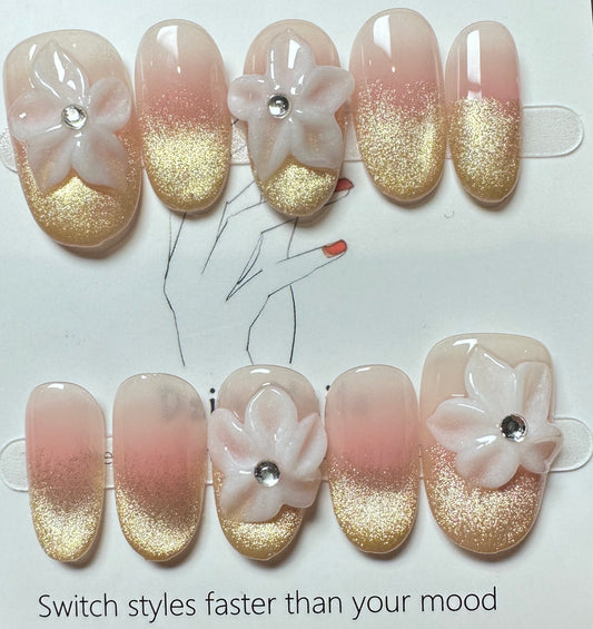 Pink & Gold Shimmer Floral Press on Nails Australia | Short Oval |Daily Nails | Handmade Press on Nails