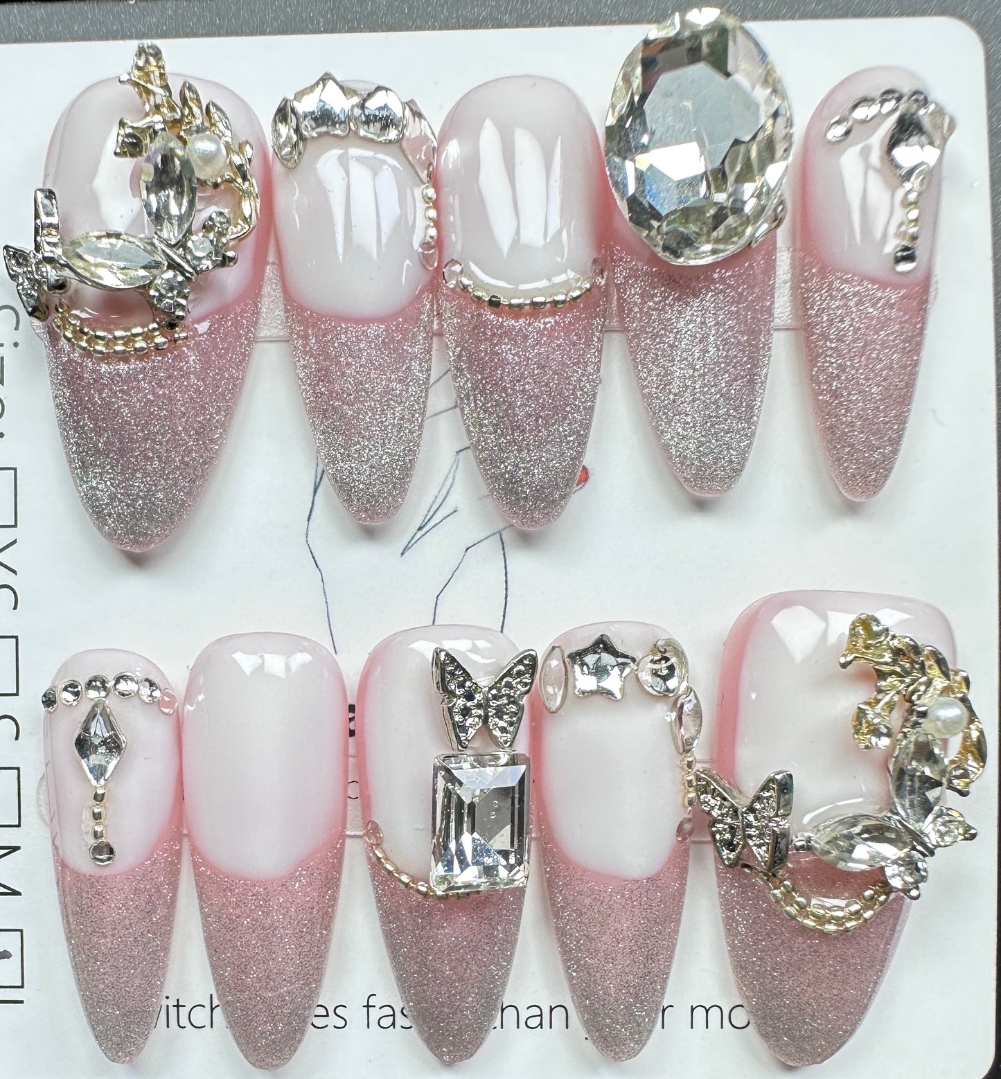 Crystal Charms & Pink Glitter French Press on Nails Australia | Long Almond｜Daily Nails | Handmade Press on Nails |
