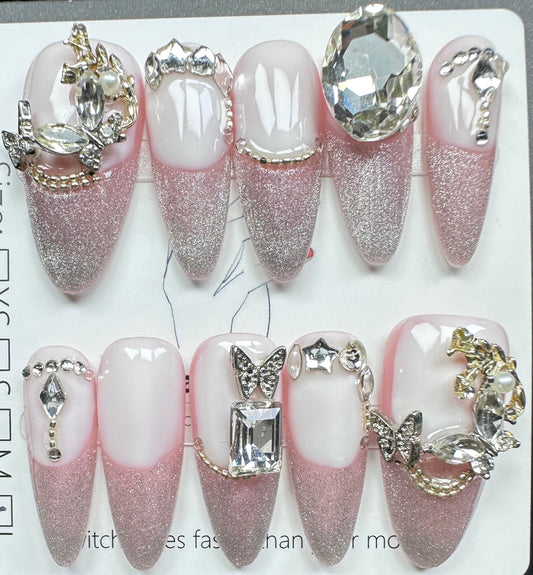 Crystal Charms & Pink Glitter French Press on Nails Australia | Long Almond｜Daily Nails | Handmade Press on Nails |