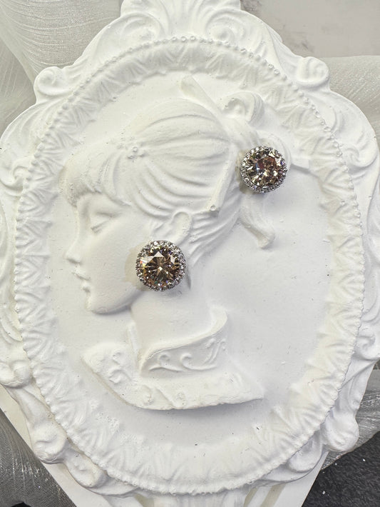 Classic Champagne Round-Cut Halo Stud Earrings