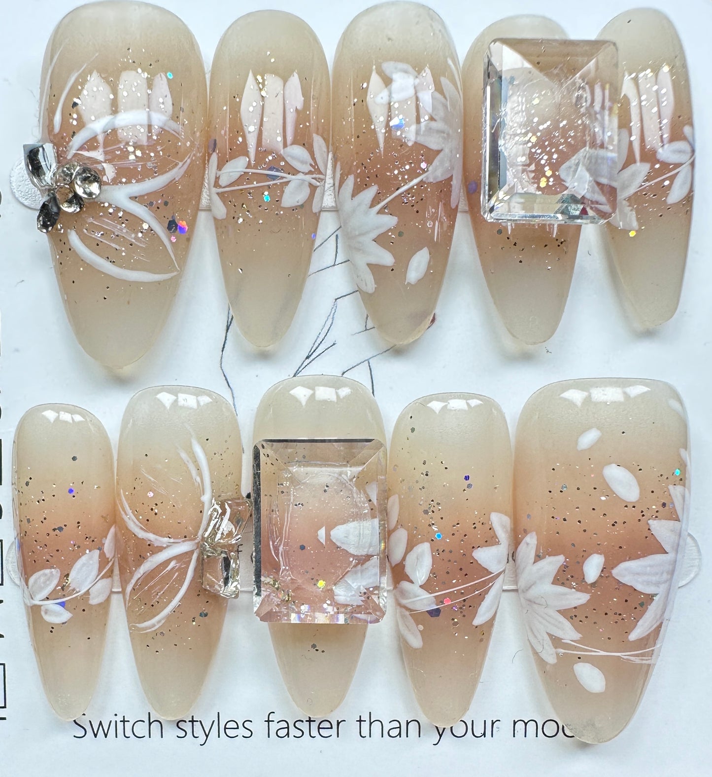 Crystal Ice-Cube Gem & White Floral Press on Nails Australia | Long Almond｜Daily Nails | Handmade Press on Nails |