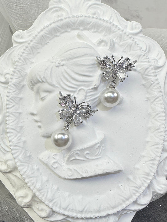Icy Brilliant Butterfly & Round Pearl Drop Earrings