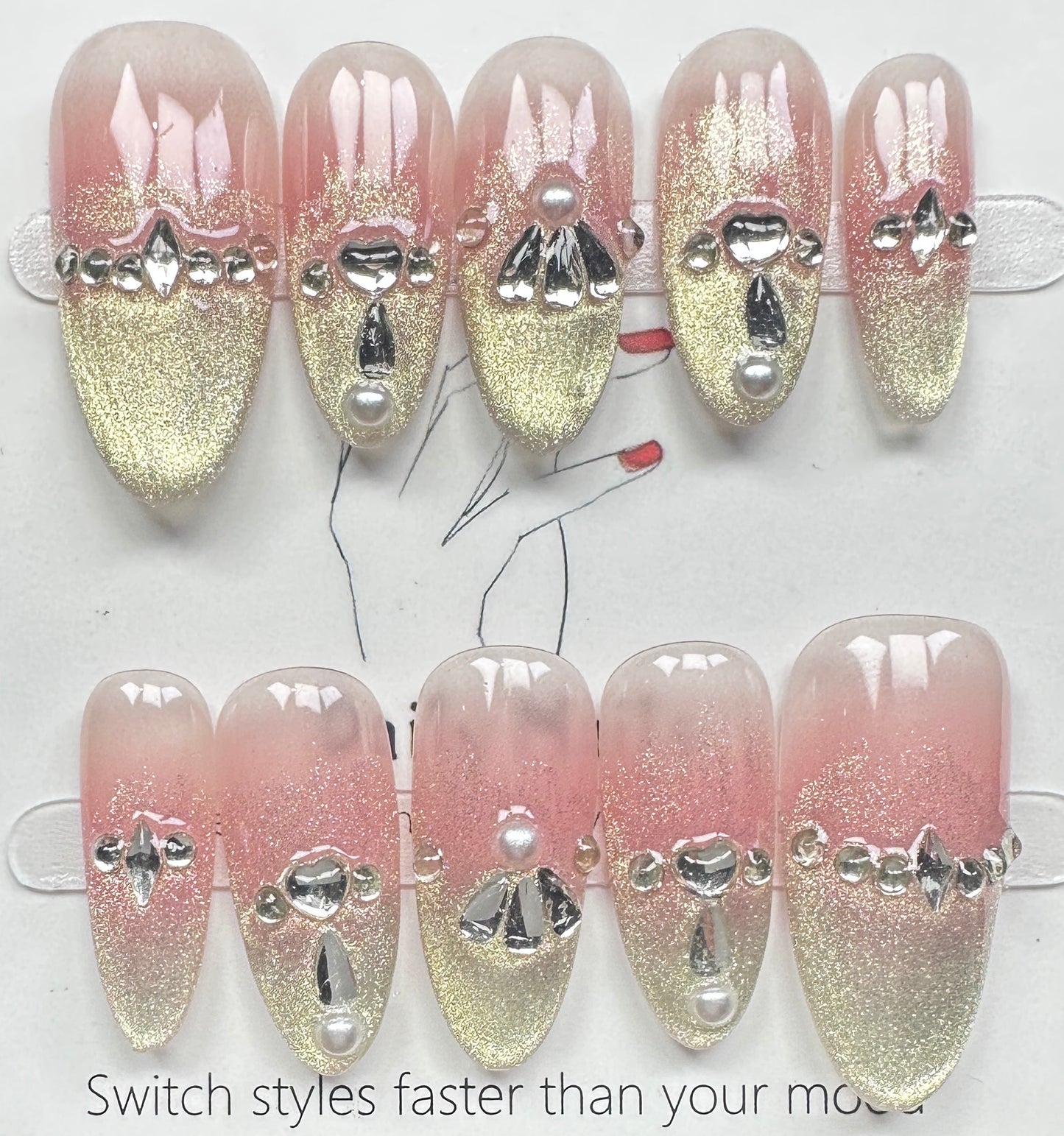 Luxury Bi-Color Pink Gold Cat-Eye & Crystal Tiara Press on Nails Australia | Medium Almond | Daily Nails | Handmade Press on Nails |
