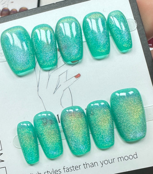 Mint Aurora Velvet | Luxury Handmade Medium Square Press-On Nails