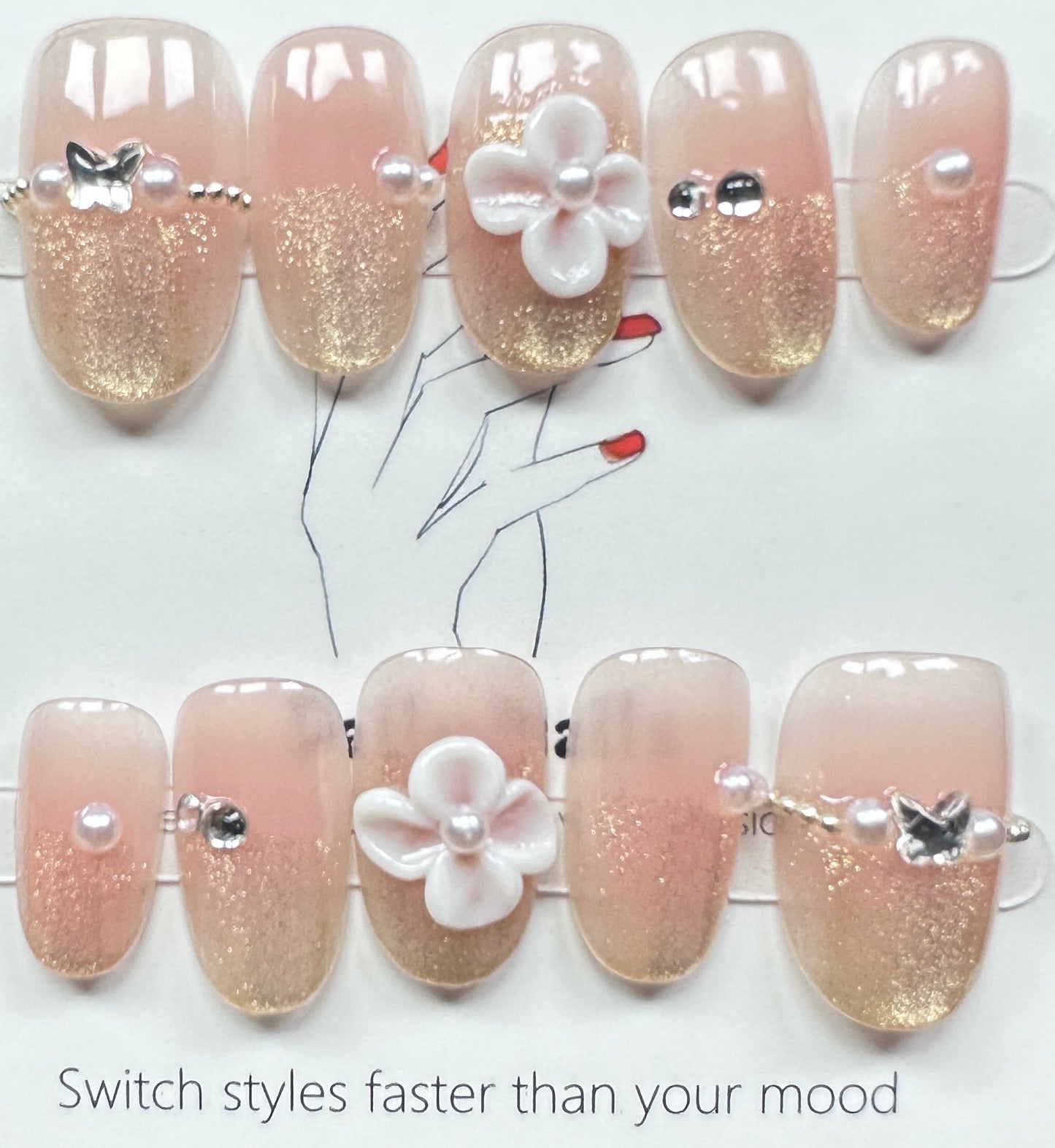 Champagne Shimmer & Butterfly Press on Nails Australia | Short Round |Daily Nails | Handmade Press on Nails