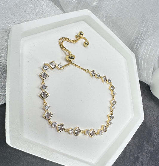 Mosaic Rhythm: Alternating Square & Round Stone Adjustable Bracelet
