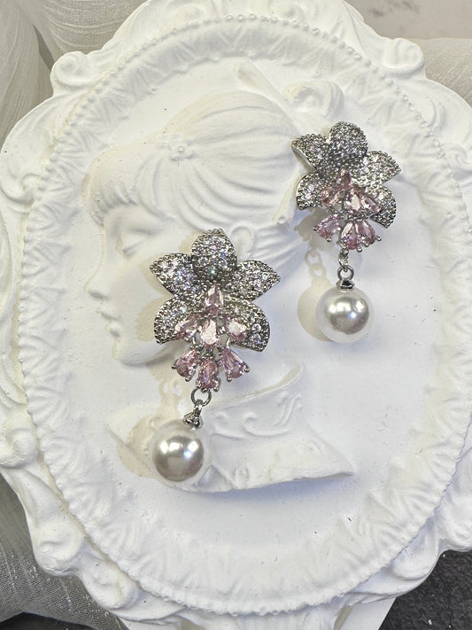 Ethereal Blush Pink Floral Cluster & Round Pearl Drop Earrings