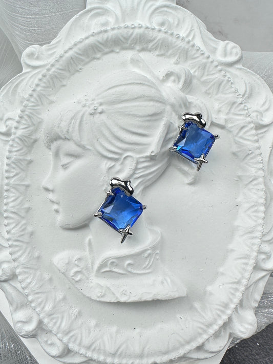 Celestial Ocean Blue Princess-Cut Liquid Metal Stud Earrings
