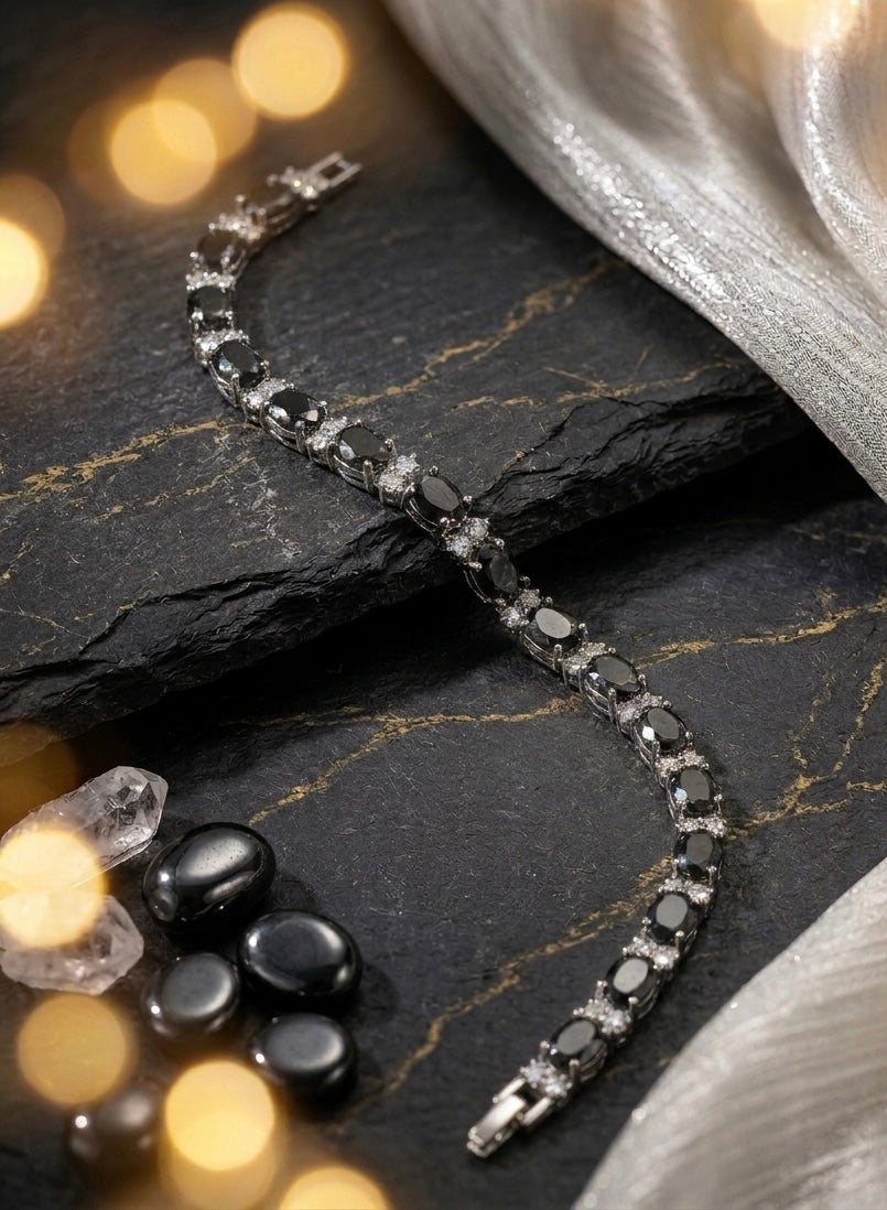 Gothic Luxury Black Oval Cubic Zirconia Tennis Bracelet | Premium Platinum-Plated Brass, Seamless Fixed 18cm Length