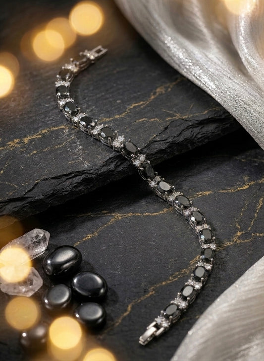 Gothic Luxury Black Oval Cubic Zirconia Tennis Bracelet | Premium Platinum-Plated Brass, Seamless Fixed 18cm Length