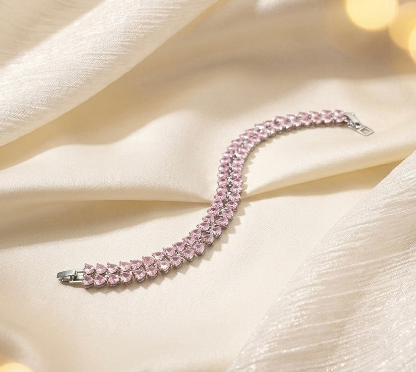 Romantic Double-Row Pink Heart Cubic Zirconia Tennis Bracelet | Premium Gold-Plated Brass, Adjustable 17-18cm Length