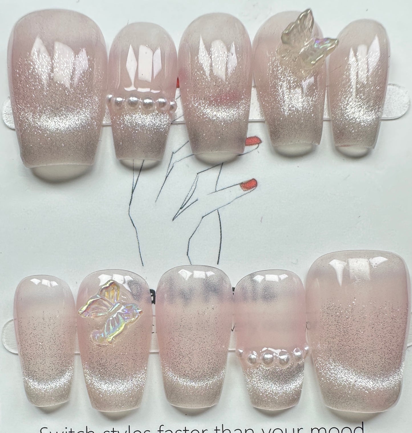 Aurora Butterfly Jelly Pink Cat-Eye Press on Nails Australia | Medium Coffin｜Daily Nails | Handmade Press on Nails |