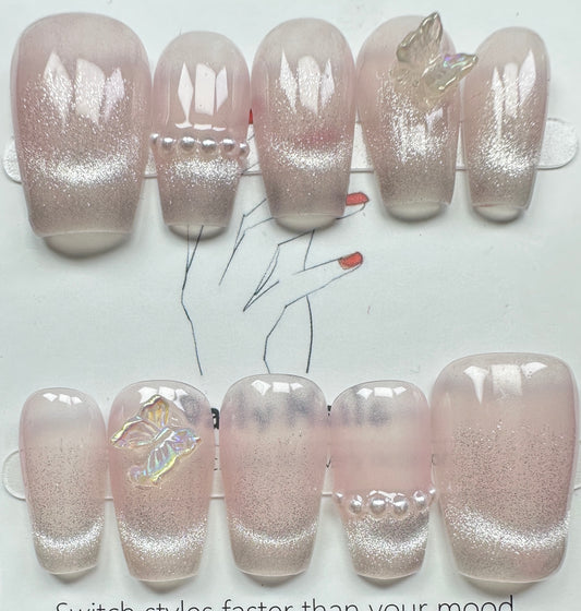 Aurora Butterfly Jelly Pink Cat-Eye Press on Nails Australia | Medium Coffin｜Daily Nails | Handmade Press on Nails |