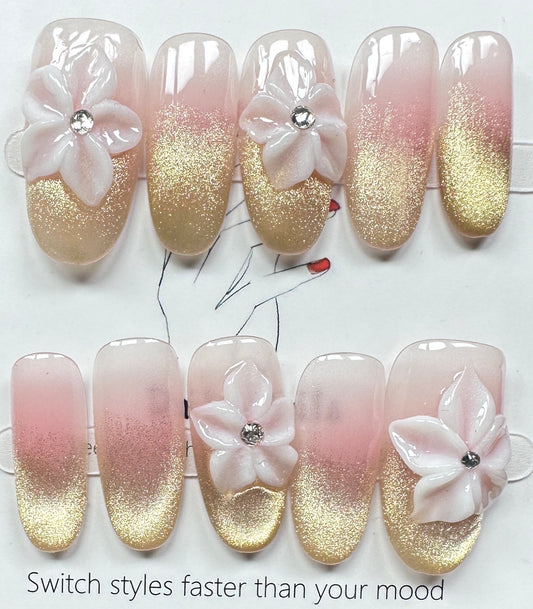Champagne Gold & Pink Floral Press on Nails Australia | Medium Oval |Daily Nails | Handmade Press on Nails
