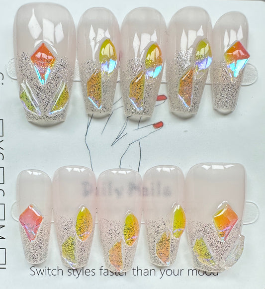 Aurora Crystal & Glitter Ombre Press on Nails Australia | Medium Coffin｜Daily Nails | Handmade Press on Nails |