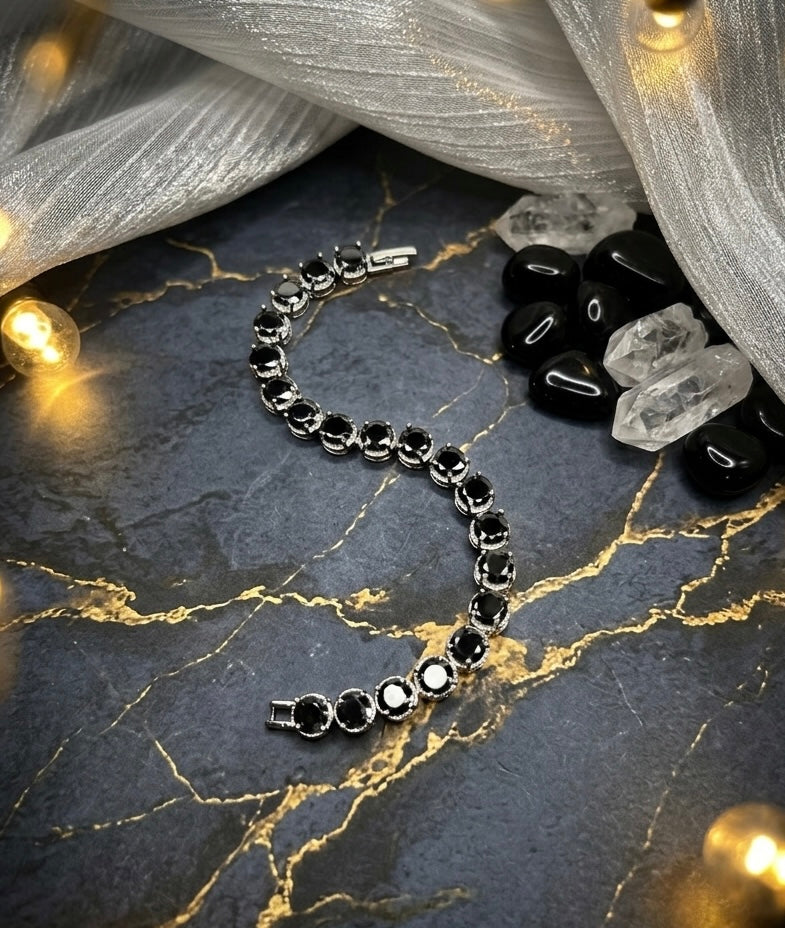 Bold Black Round Cubic Zirconia Tennis Bracelet | Premium Platinum-Plated Brass, Seamless Fixed 18cm Length