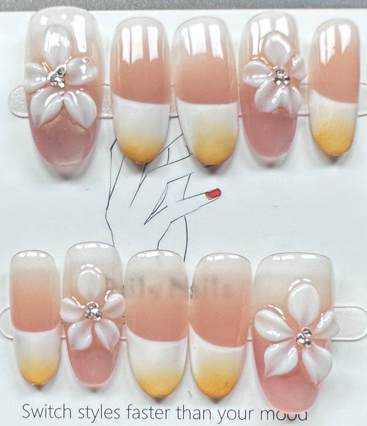 Floral Ombre French Press on Nails Australia | Medium Oval |Daily Nails | Handmade Press on Nails