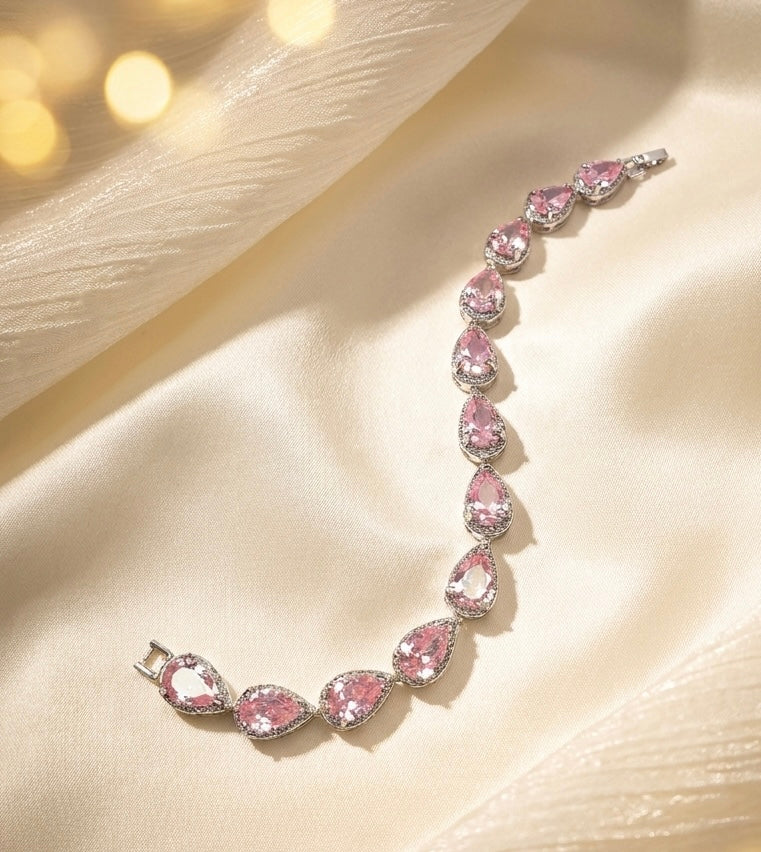 Luxury Pink Teardrop Halo Cubic Zirconia Link Bracelet | Premium 18K Gold Plated Brass, Fixed 18cm Length