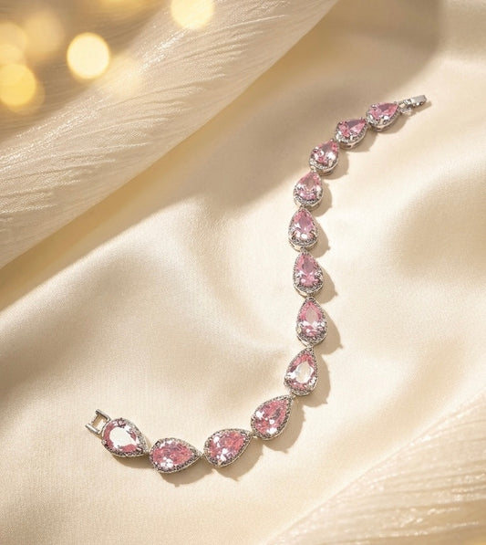 Luxury Pink Teardrop Halo Cubic Zirconia Link Bracelet | Premium 18K Gold Plated Brass, Fixed 18cm Length