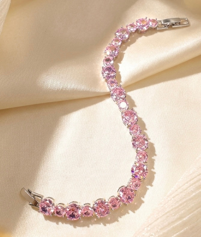 Timeless Pink Round Brilliant Cubic Zirconia Tennis Bracelet | Premium 18K Gold Plated Brass, Adjustable Length (16.5cm - 17.5cm)