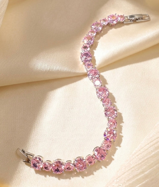 Timeless Pink Round Brilliant Cubic Zirconia Tennis Bracelet | Premium 18K Gold Plated Brass, Adjustable Length (16.5cm - 17.5cm)