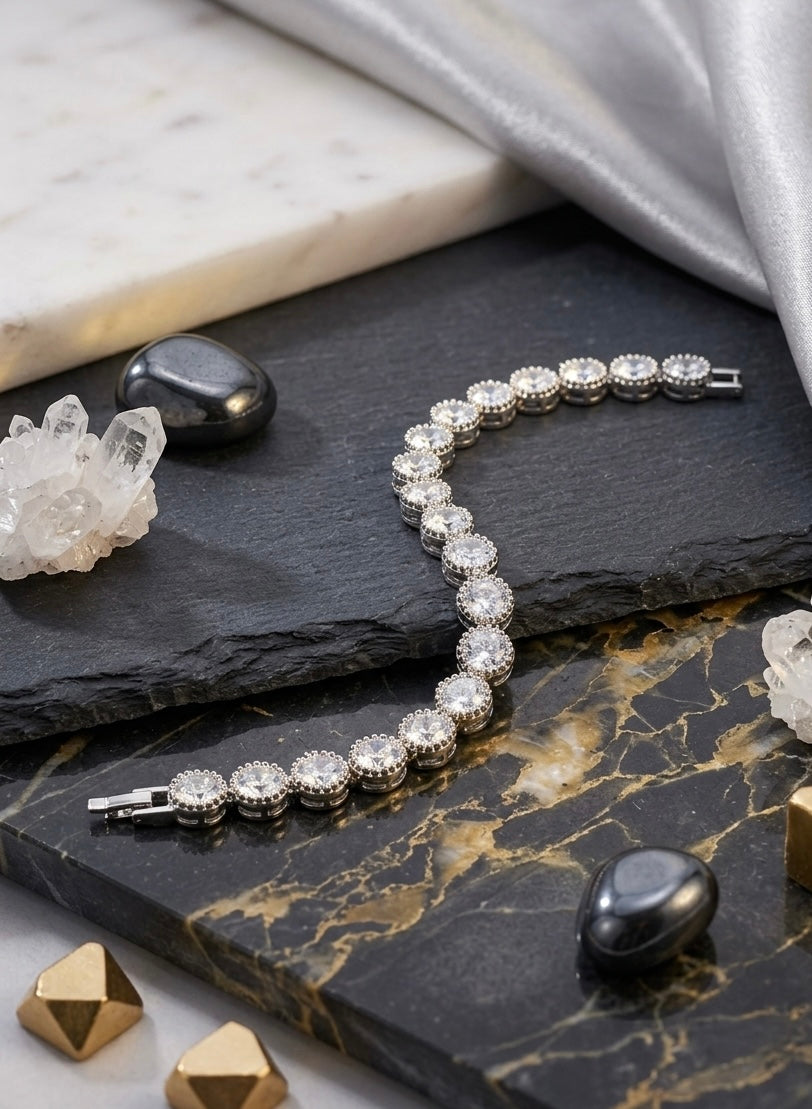Artisan Milgrain Bezel Halo Clear Cubic Zirconia Tennis Bracelet | Premium Platinum-Plated Brass, Seamless Fixed 18cm Length