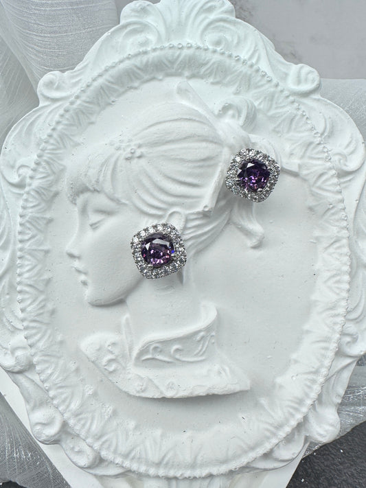 Mystique Royal Purple Cushion-Cut Halo Stud Earrings
