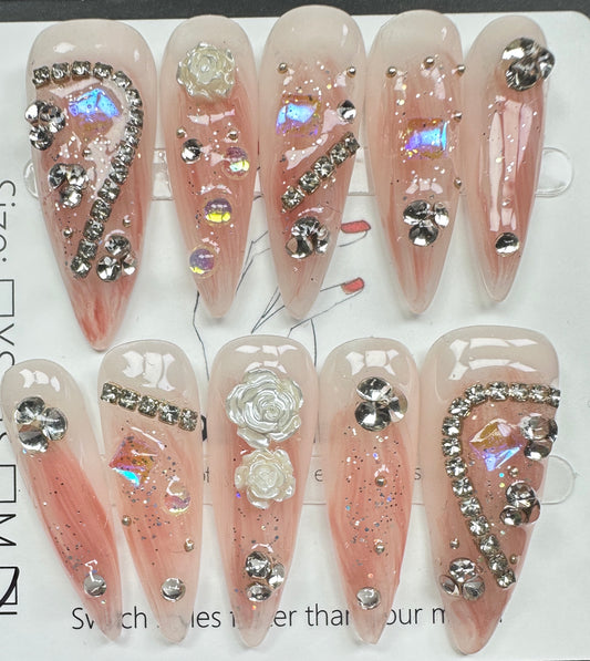 Luxury Baroque Camellia & Aurora Crystal Tassel Press on Nails Australia | Long Stiletto | Daily Nails | Handmade Press on Nails |