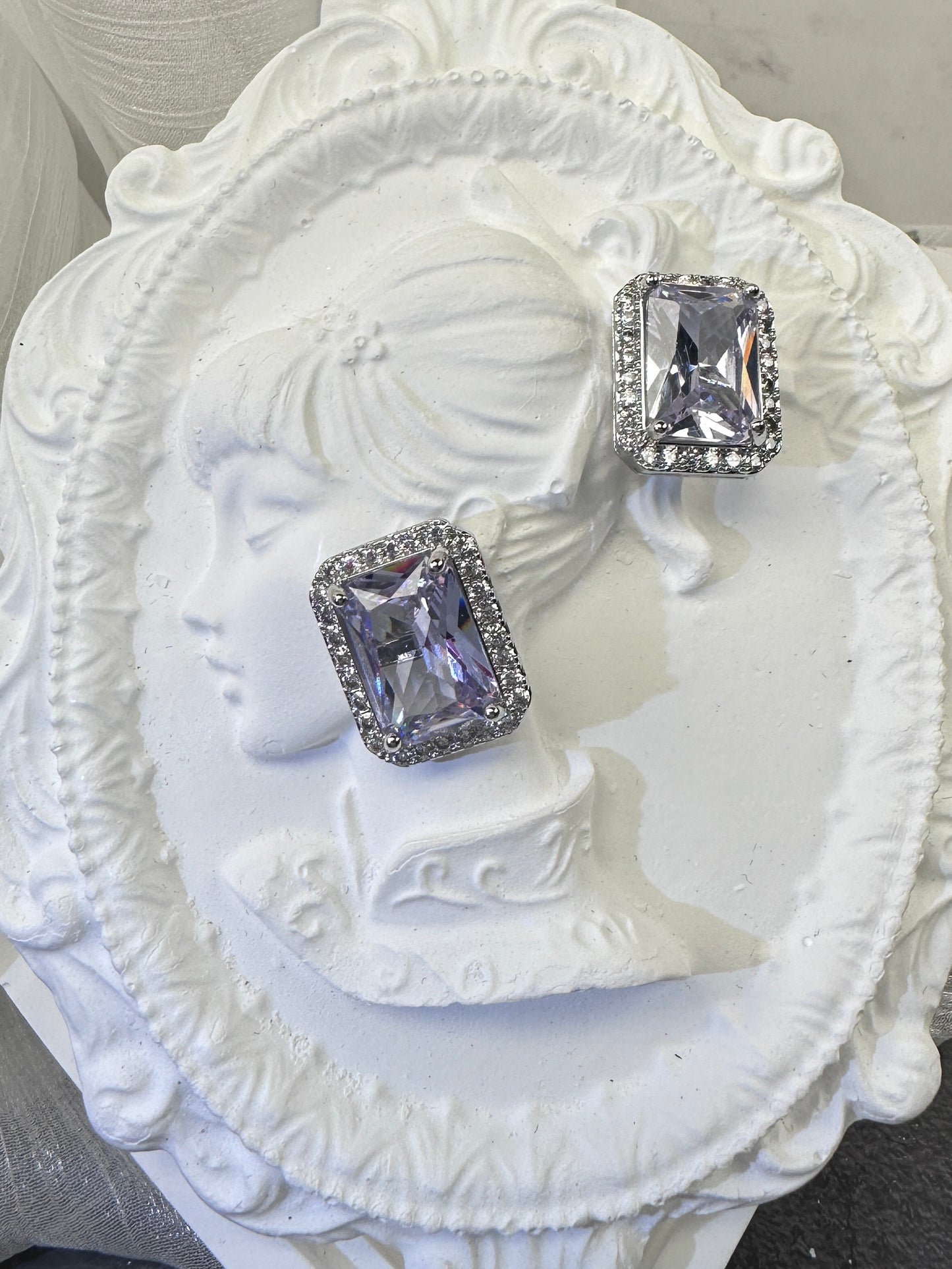 Imperial Icy White Radiant-Cut Rectangular Halo Stud Earrings