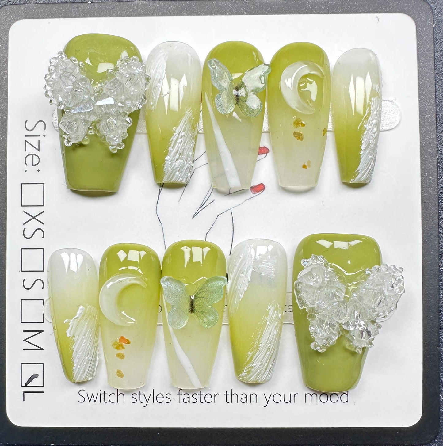 Luxury Crystal Butterfly & Avocado Green Press on Nails Australia | Medium Coffin | Daily Nails | Handmade Press on Nails
