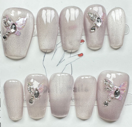 Luxury Silver White Cat-Eye & Crystal Butterfly Press on Nails Australia | Medium Coffin | Daily Nails | Handmade Press on Nails |