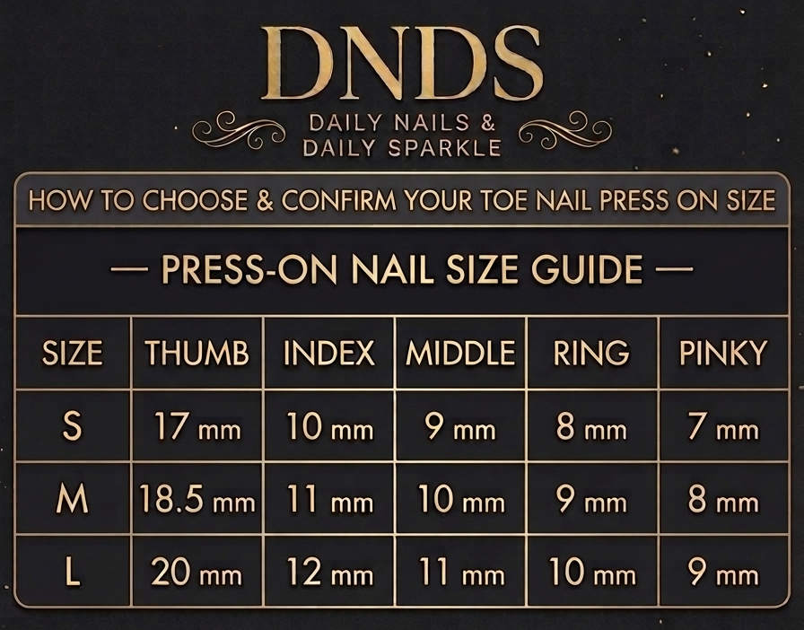 Press-on nail size guide with measurements for different toe nail sizes on a black background.