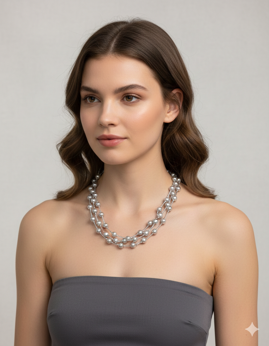 Woven Silhouette · Grey Pearl & Tube Wrap Necklace