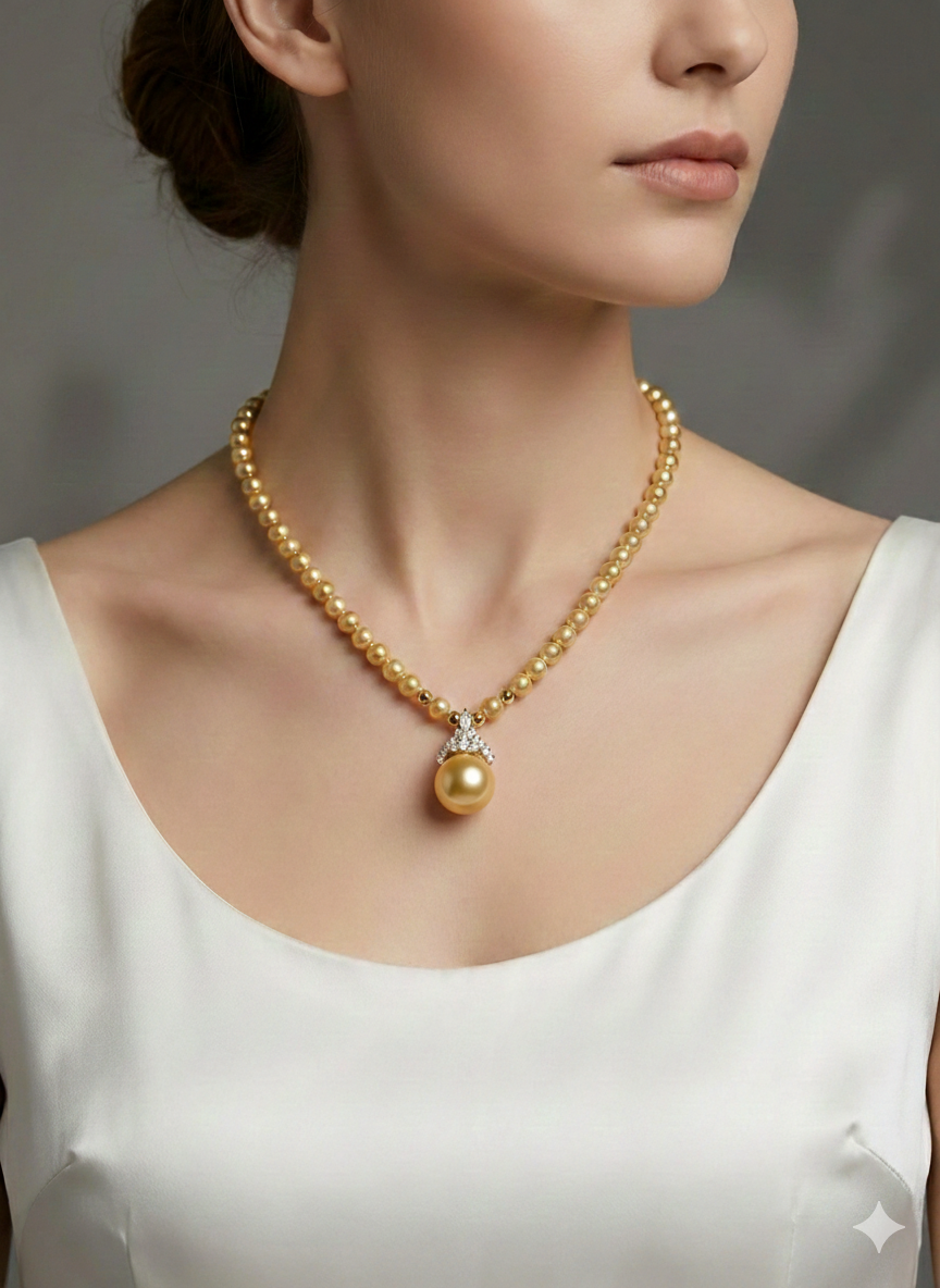 Gilded Trio · Gold Pearl & Stone Pendant Necklace