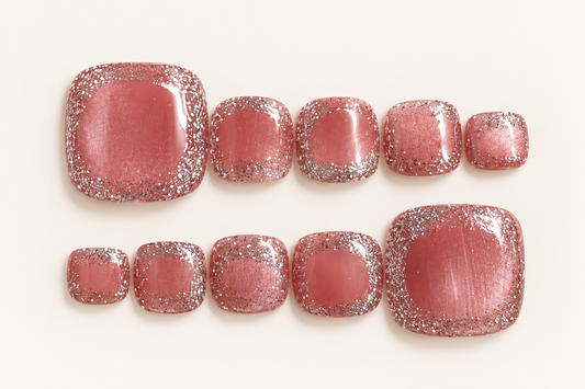 Dusty rose-pink press-on toenails with glossy centres and sparkling silver-pink glitter borders