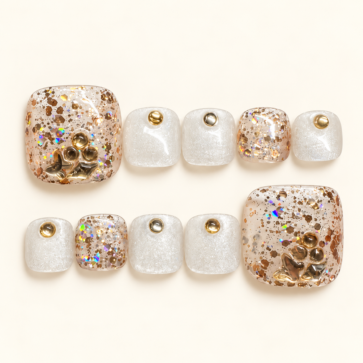 Champagne gold glitter and pearl white press-on toenails