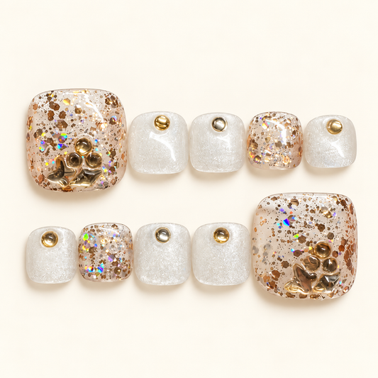 Champagne gold glitter and pearl white press-on toenails